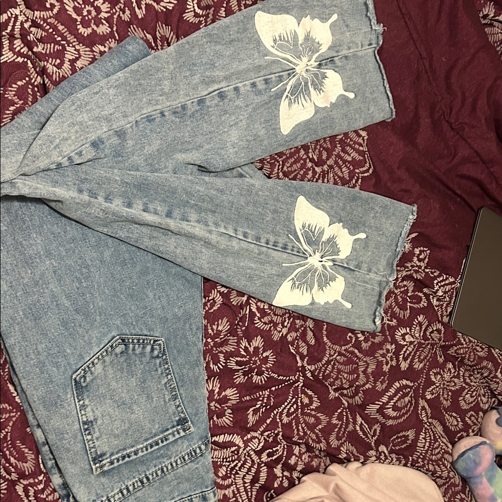 SHEIN Blue Flare Jeans with White Butterfly